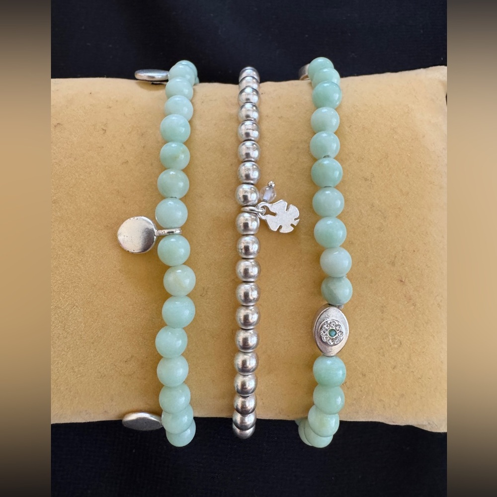 Silver and Green Beaded Bracelet Set